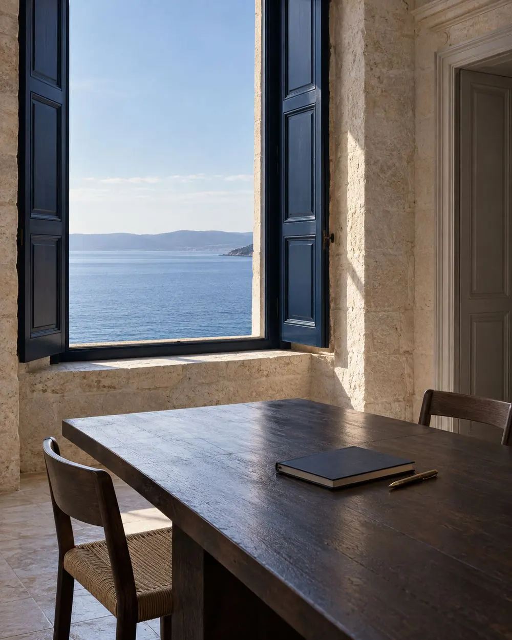 A table by an open window with a view of the sea