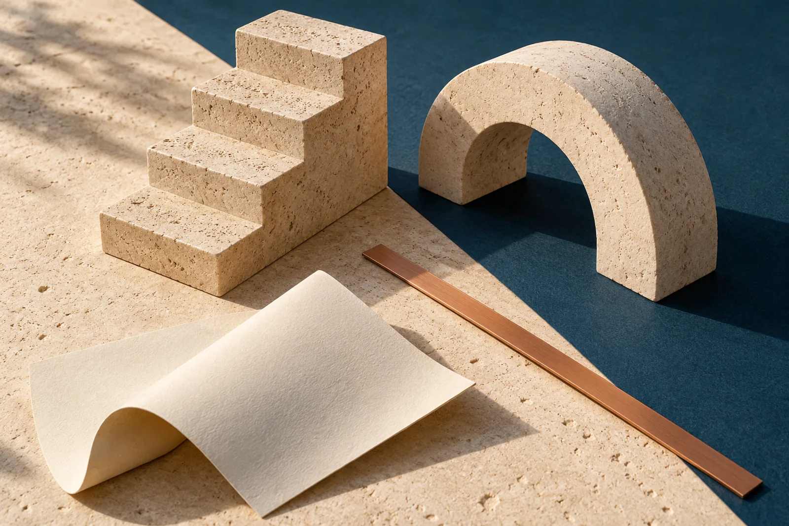 Limestone forms, a sheet of paper and a copper rule on a stone surface