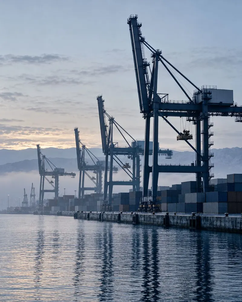 Container cranes reflected in a calm harbour at dawn