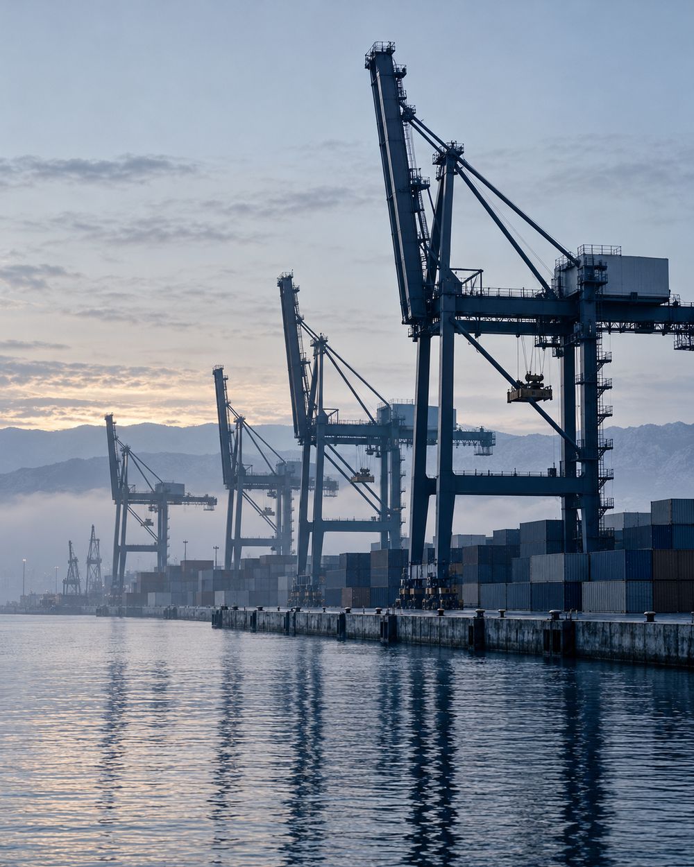 Port cranes and containers in morning mist