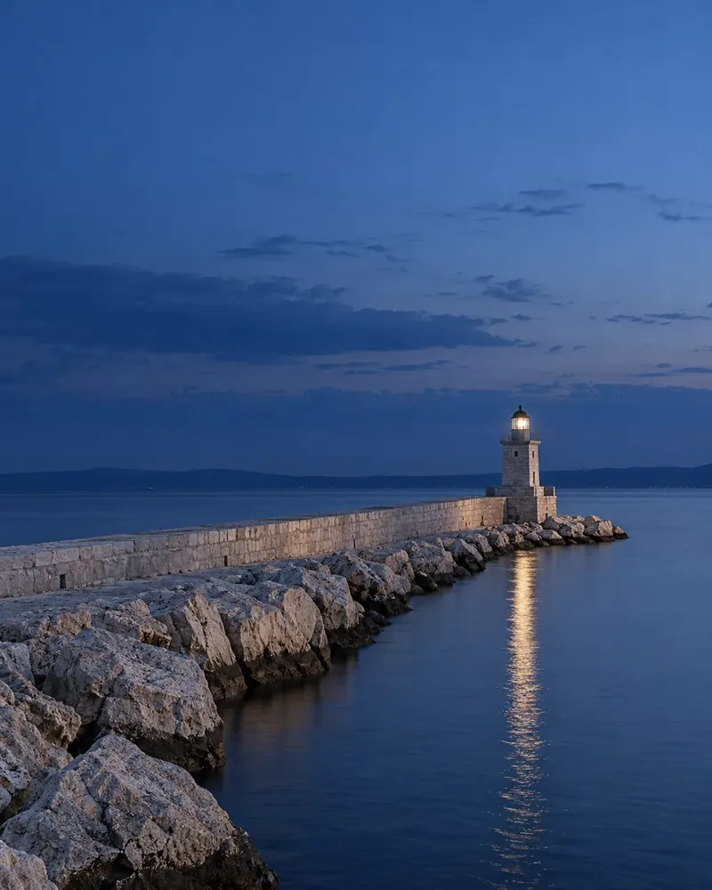A lighthouse at the end of a stone breakwater at blue hour