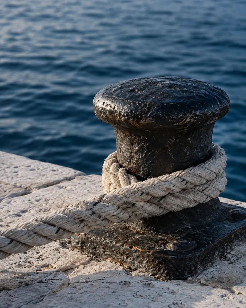 A mooring rope wound around a stone bollard above the sea