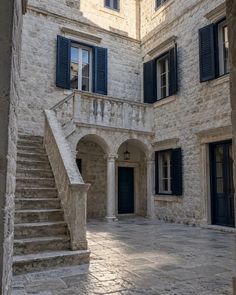 A limestone courtyard with an external staircase and arched loggia