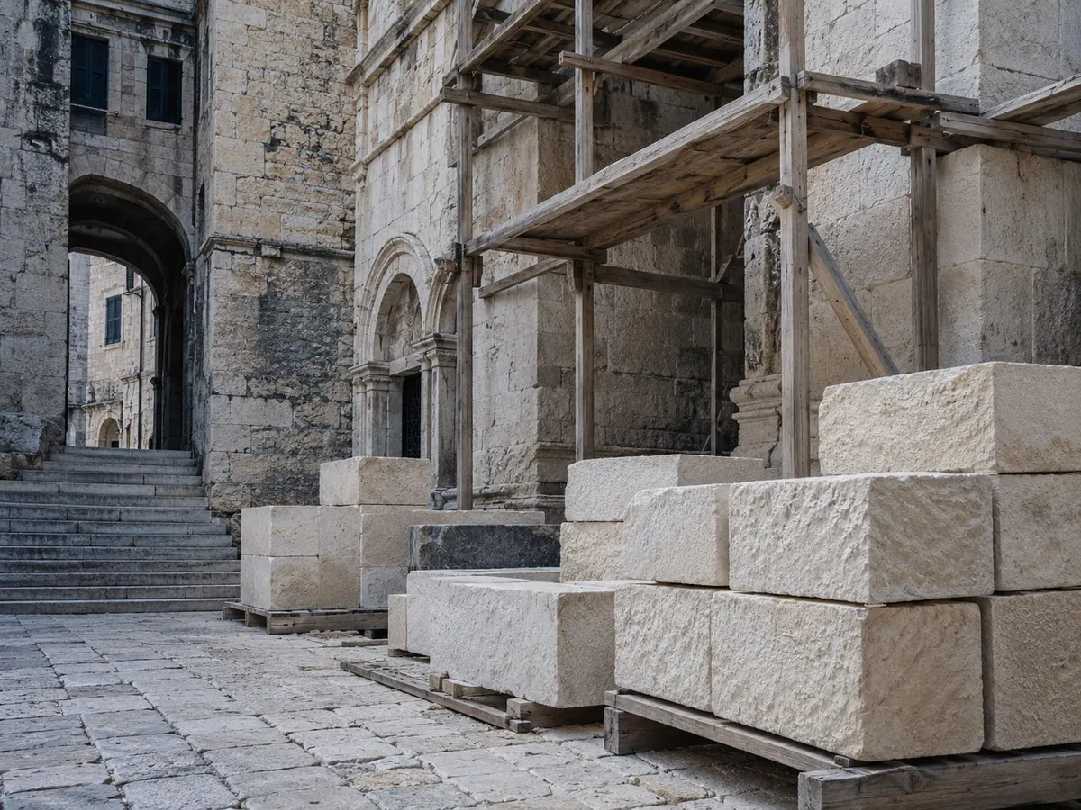 Cut limestone blocks beside scaffolding in an old stone courtyard