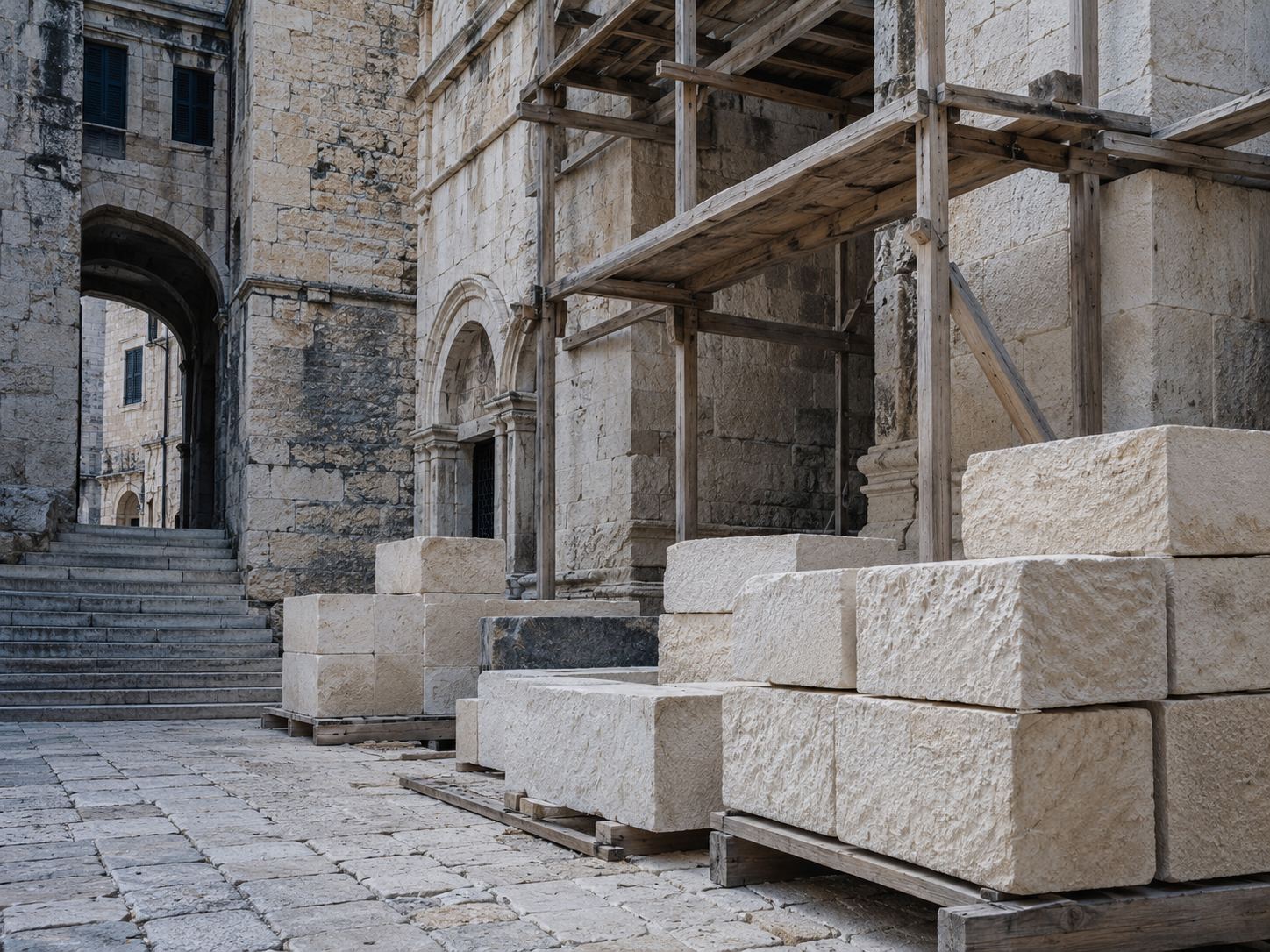 Cut limestone blocks and timber scaffolding beside an old stone facade