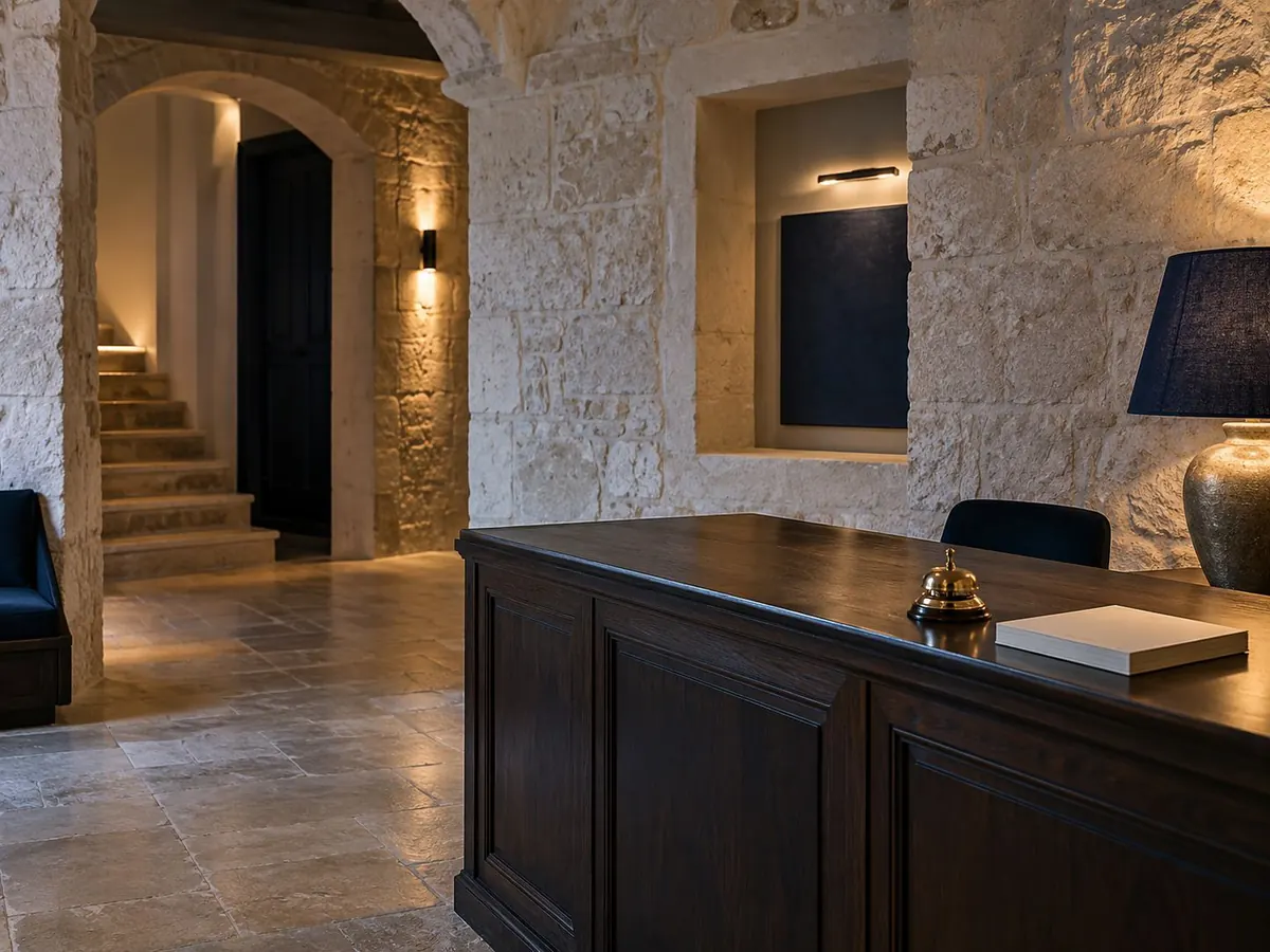 A quiet office with a dark wooden desk inside a stone building