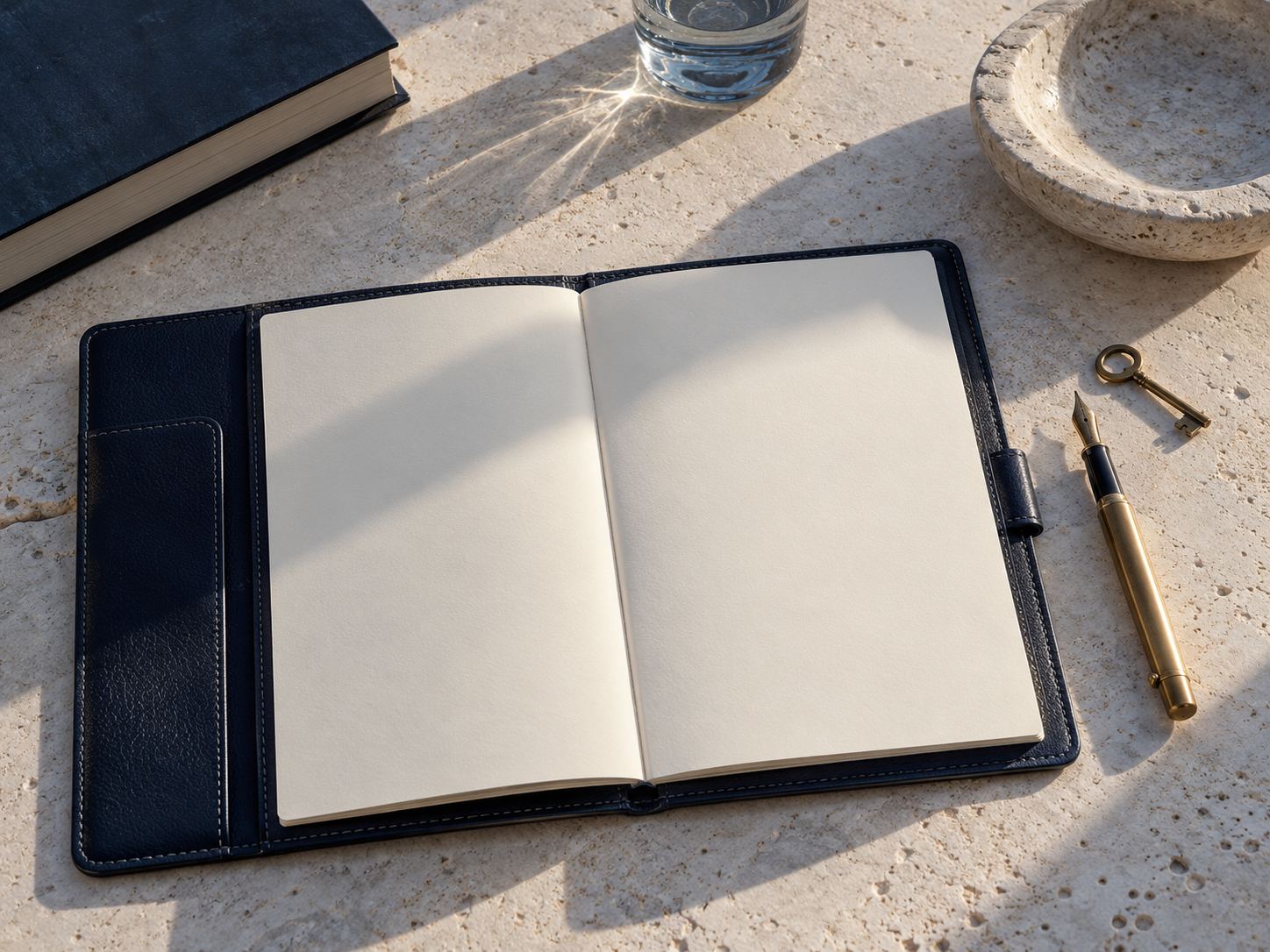 An open navy folio, a brass pen and a key on a limestone desk