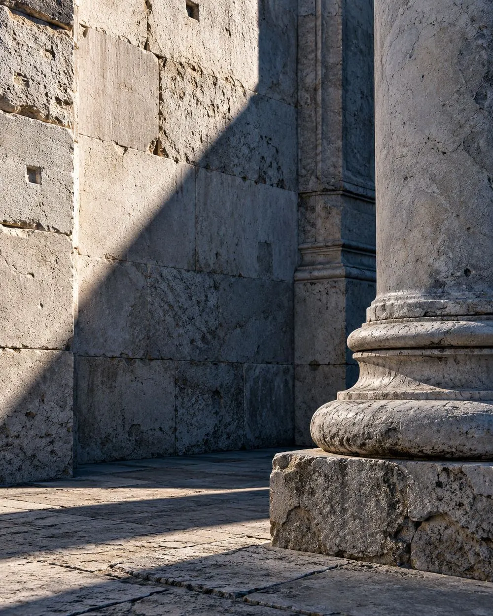 Light falling on a stone column base in an old courtyard